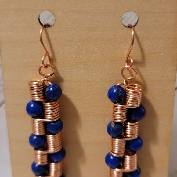 Handmade Copper Coil Bead Earrings – Artisan Dangle Jewelry with Blue Beads - Picture 5 of 7